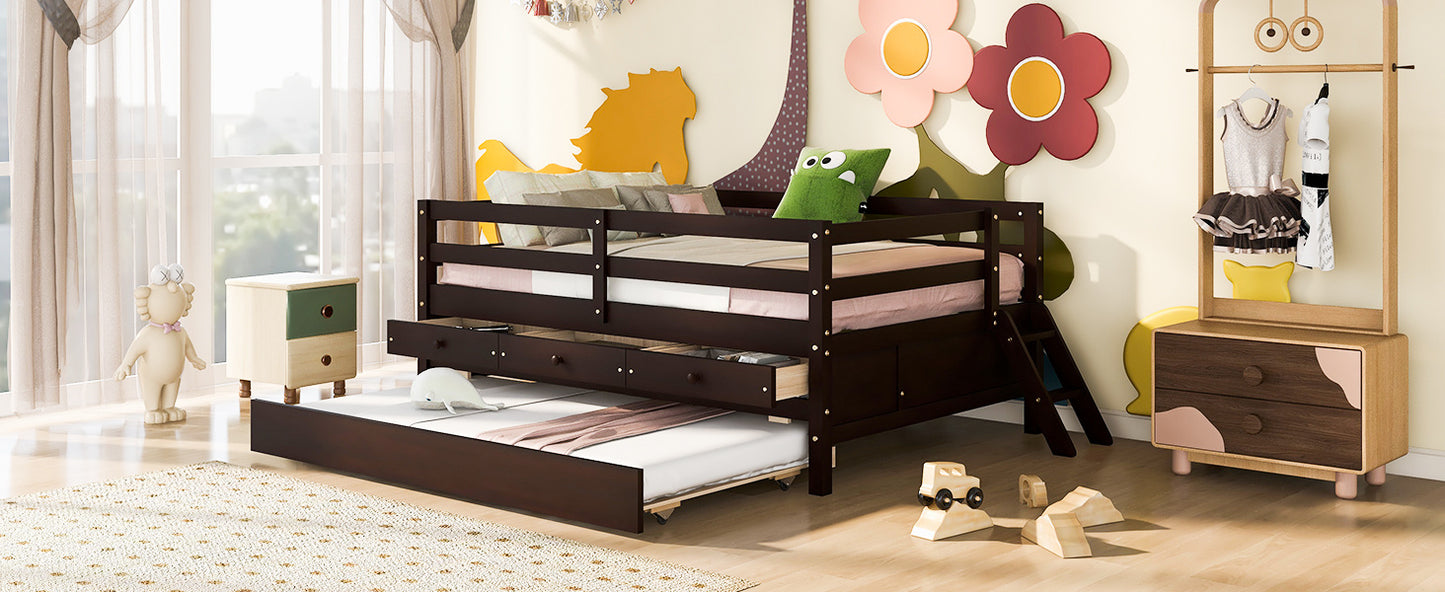 1 Low Loft Bed Full Size with Full Safety Fence;  Climbing ladder;  Storage Drawers and Trundle  Solid Wood Bed