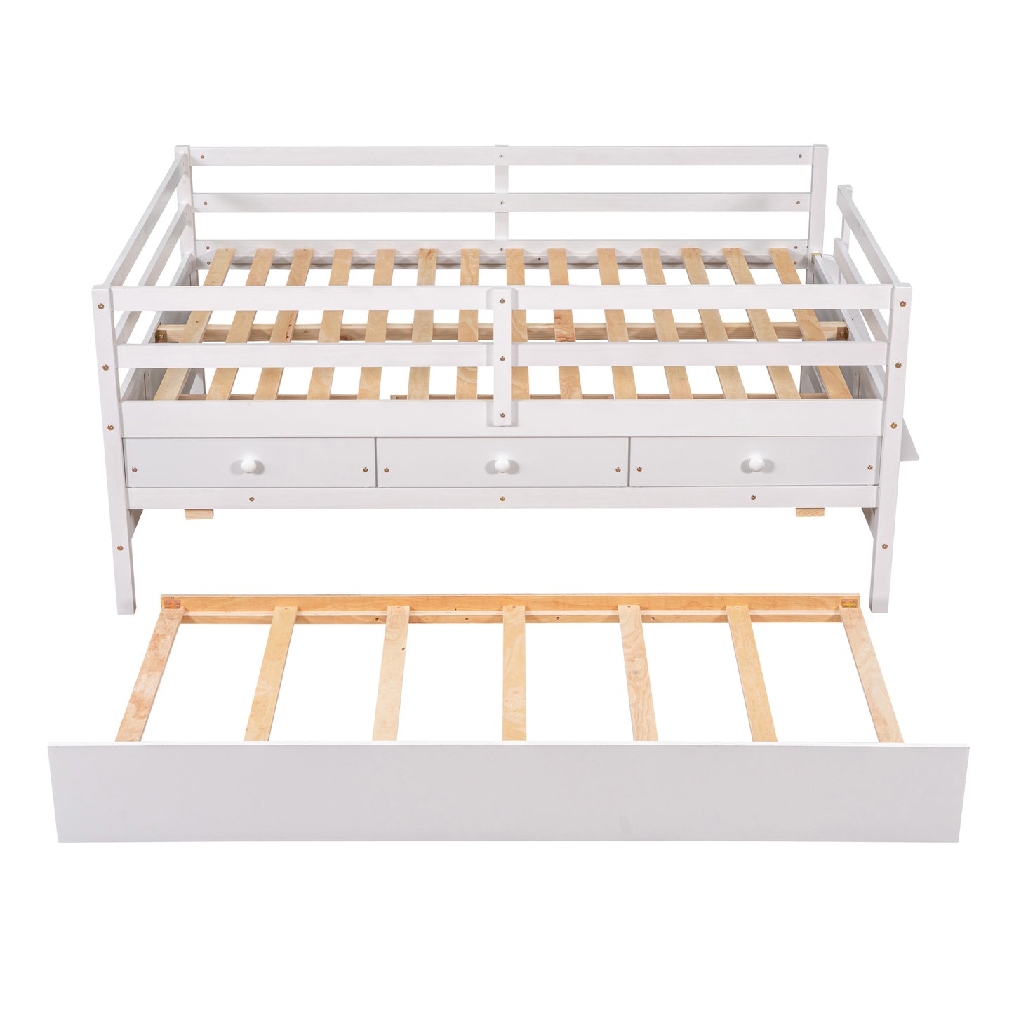 1 Low Loft Bed Full Size with Full Safety Fence;  Climbing ladder;  Storage Drawers and Trundle  Solid Wood Bed