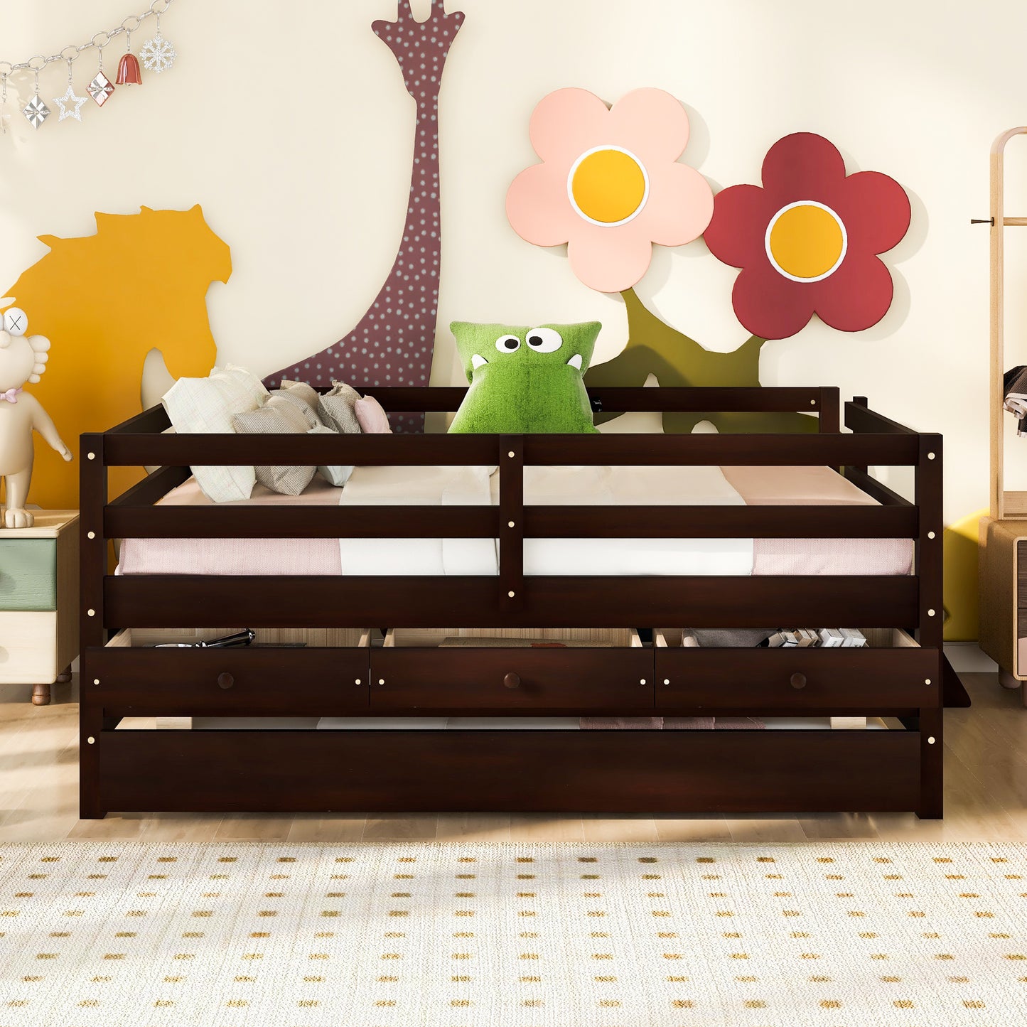 1 Low Loft Bed Full Size with Full Safety Fence;  Climbing ladder;  Storage Drawers and Trundle  Solid Wood Bed