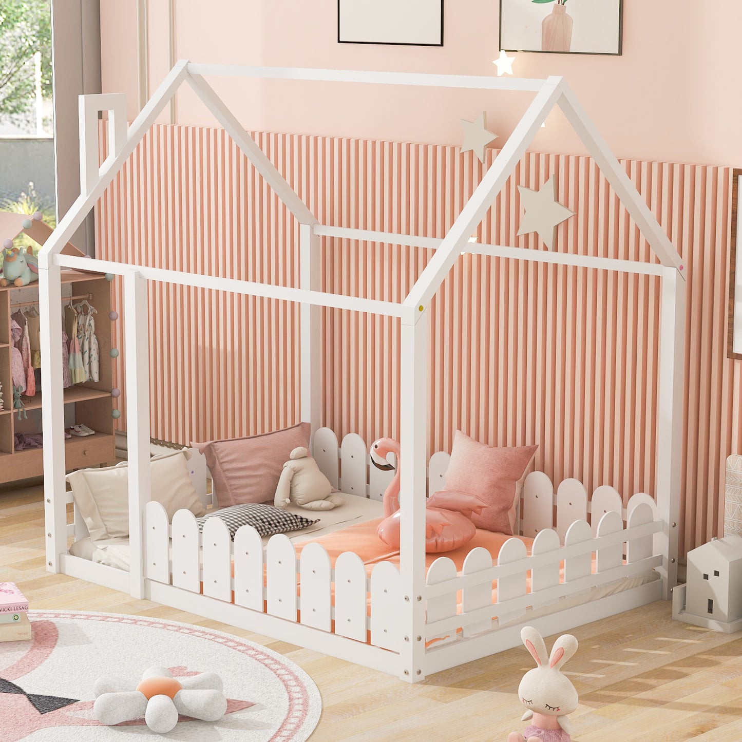 (Slats are not included) Full Size Wood Bed House Bed Frame with Fence,for Kids,Teens,Girls,Boys (White )(OLD SKU:WF281294AAK)