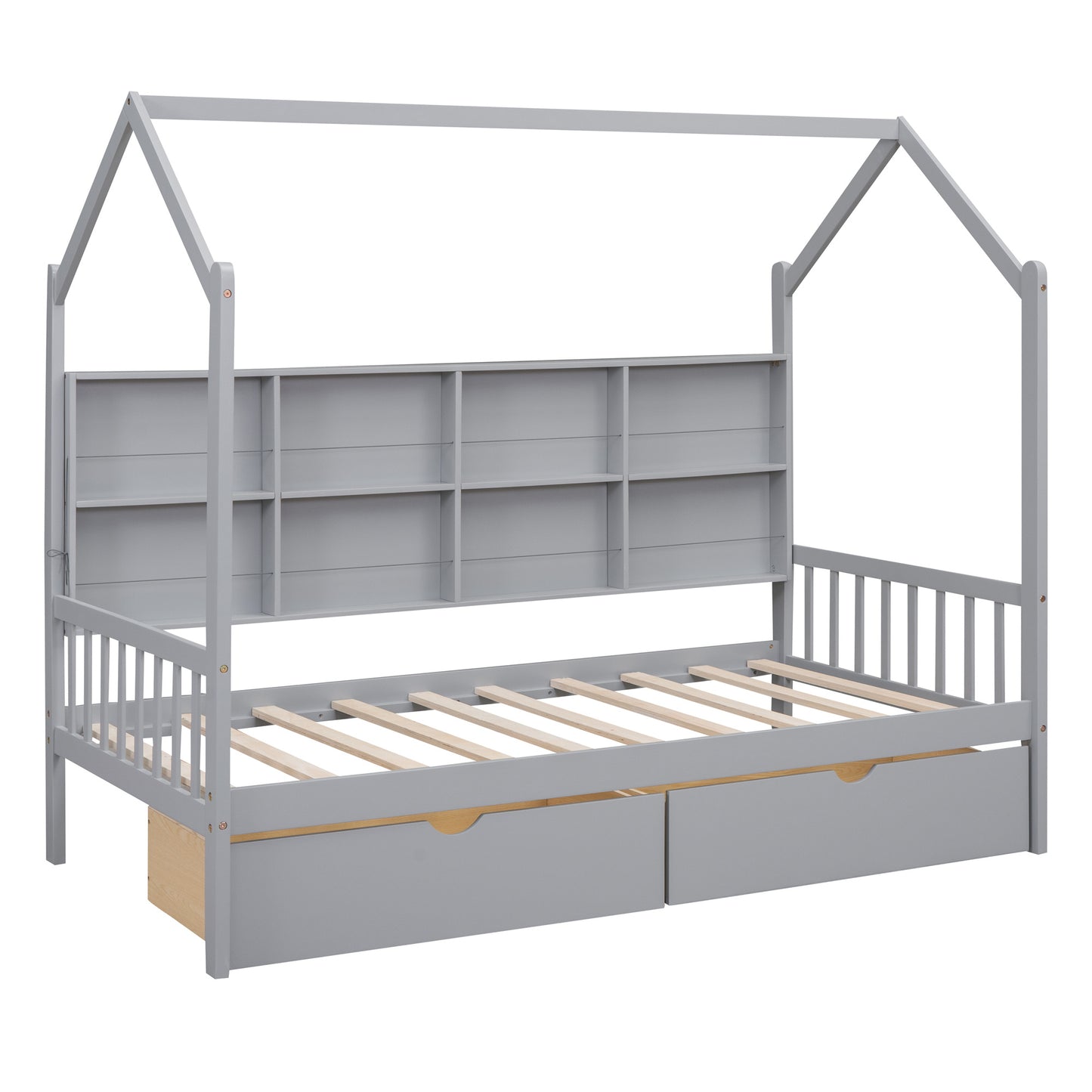 Wooden Twin Size House Bed with 2 Drawers,Kids Bed with Storage Shelf, Gray
