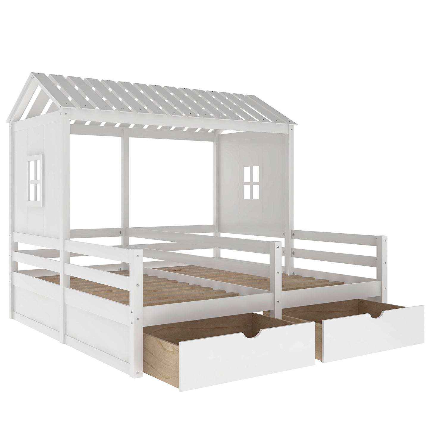 1 Twin Size House Platform Beds with Two Drawers for Boy and Girl Shared Beds, Combination of 2 Side by Side Twin Size Beds