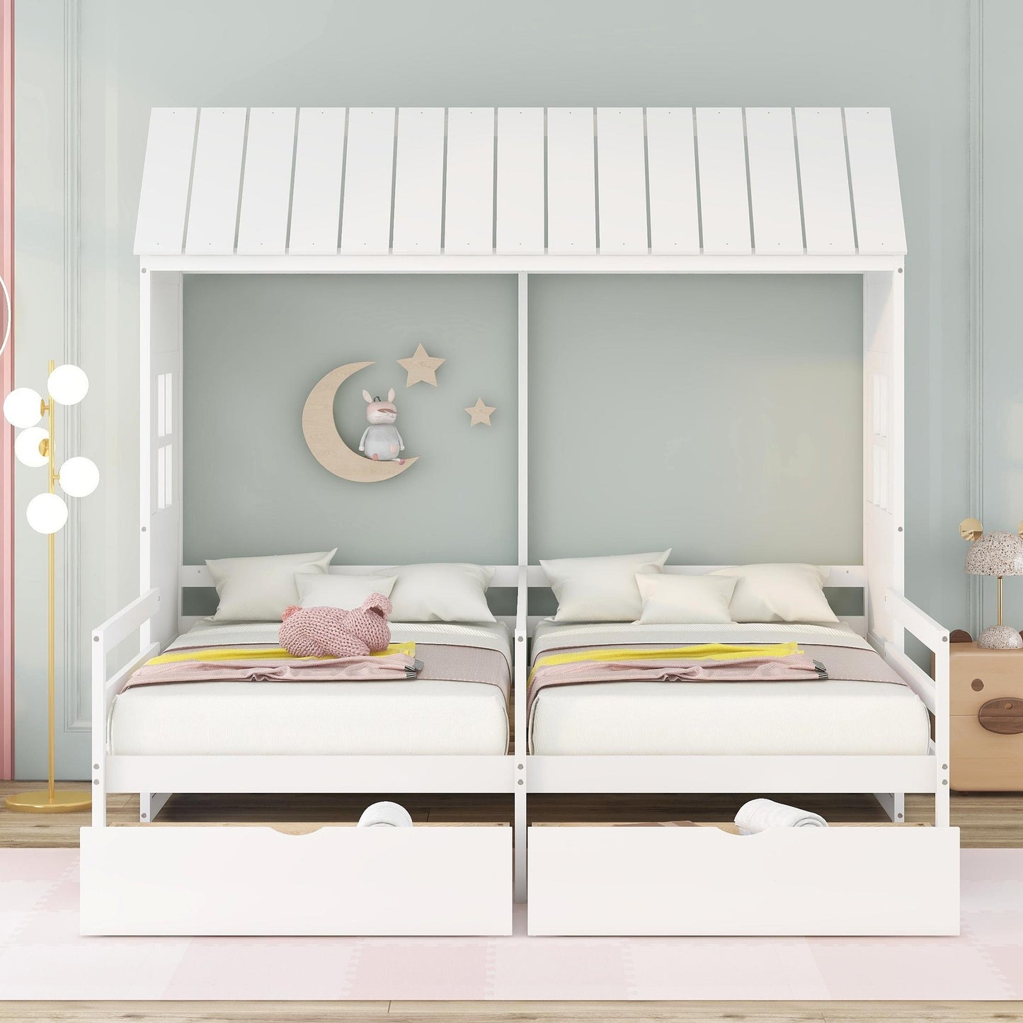 1 Twin Twin House Bed with 2 Drawers, White