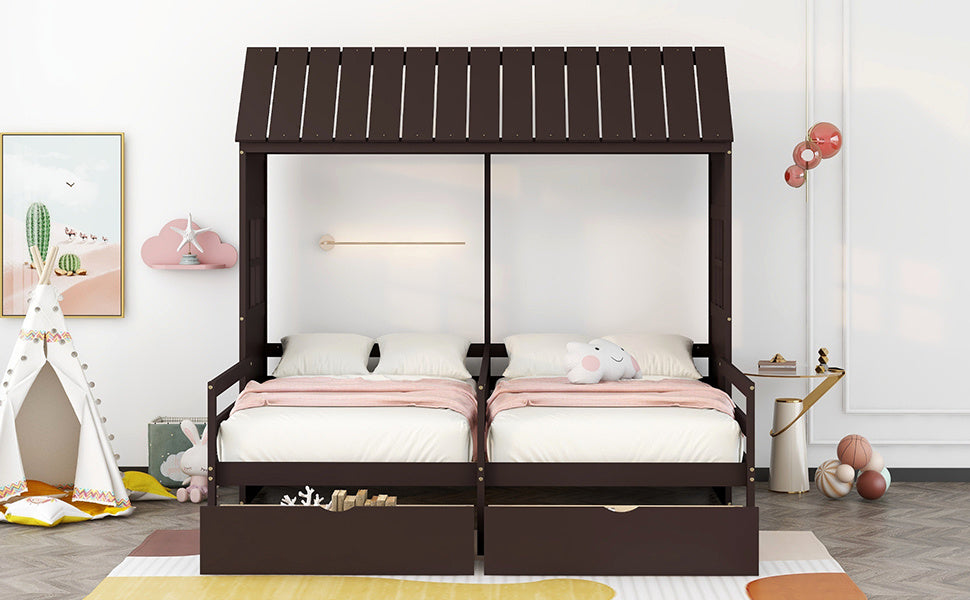 1 Twin Twin House Bed with 2 Drawers, White