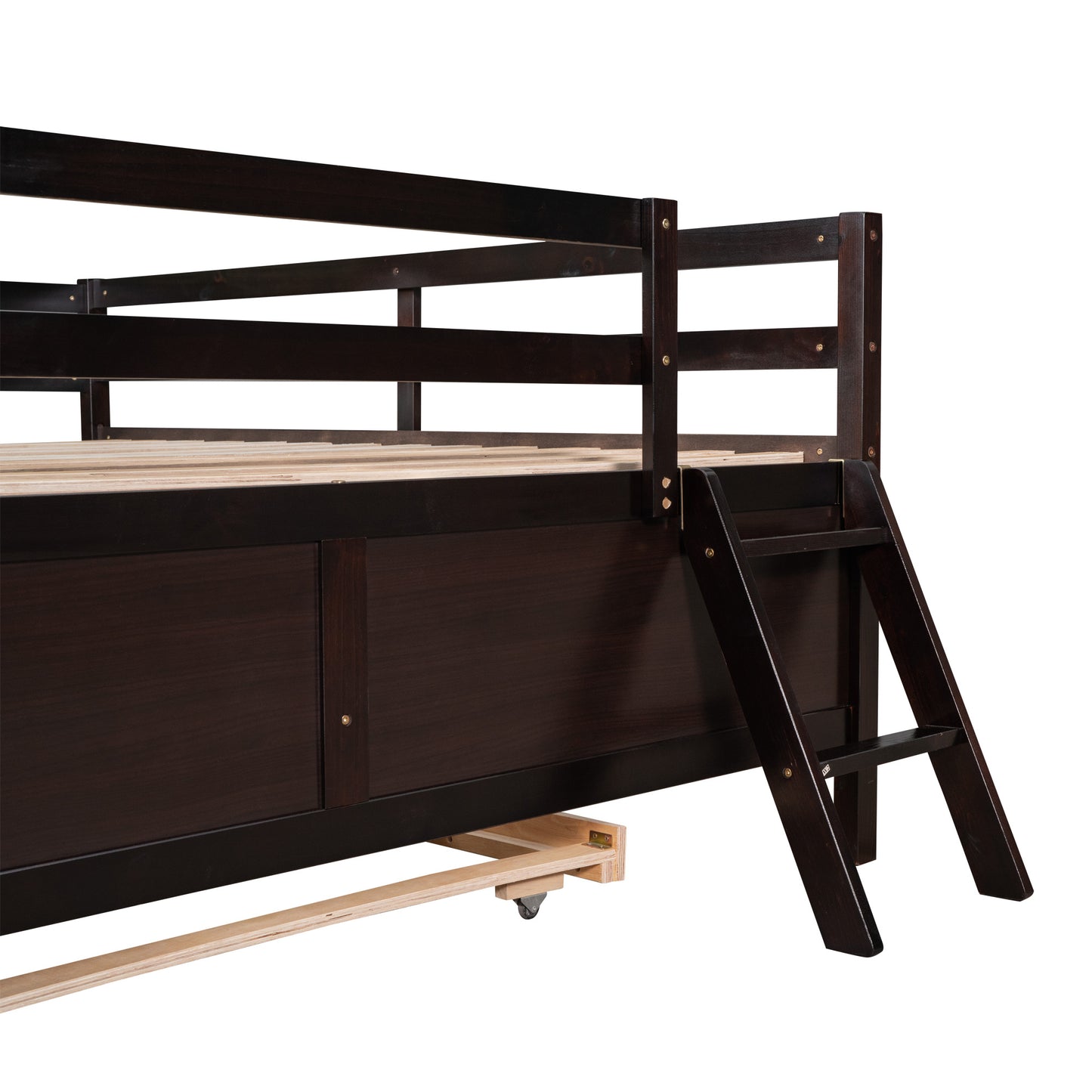 1 Low Loft Bed Full Size with Full Safety Fence;  Climbing ladder;  Storage Drawers and Trundle  Solid Wood Bed