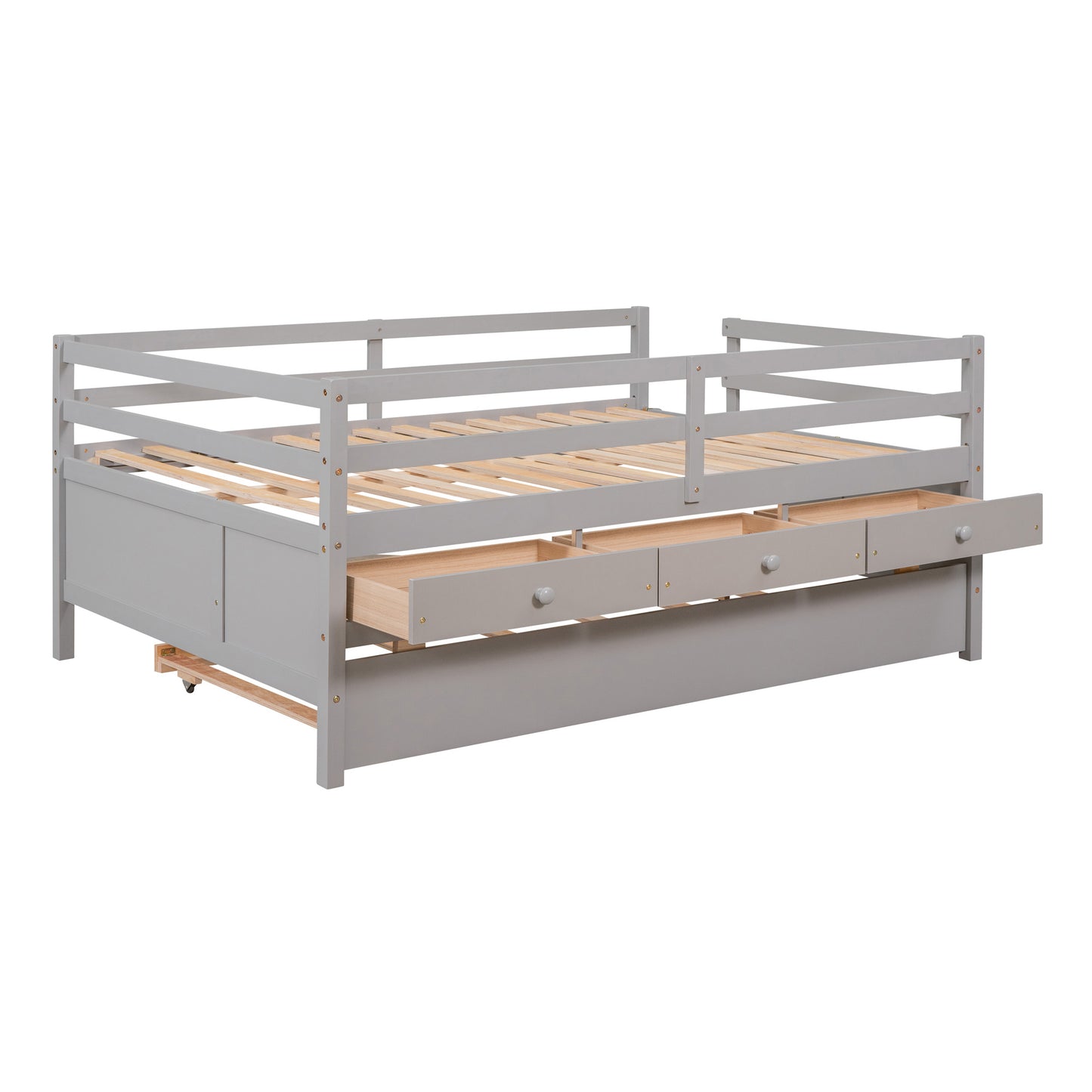 1 Low Loft Bed Full Size with Full Safety Fence;  Climbing ladder;  Storage Drawers and Trundle  Solid Wood Bed