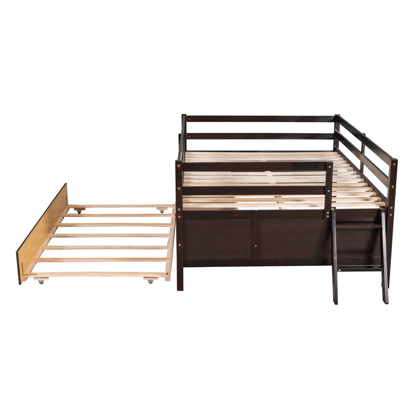 1 Low Loft Bed Full Size with Full Safety Fence;  Climbing ladder;  Storage Drawers and Trundle  Solid Wood Bed