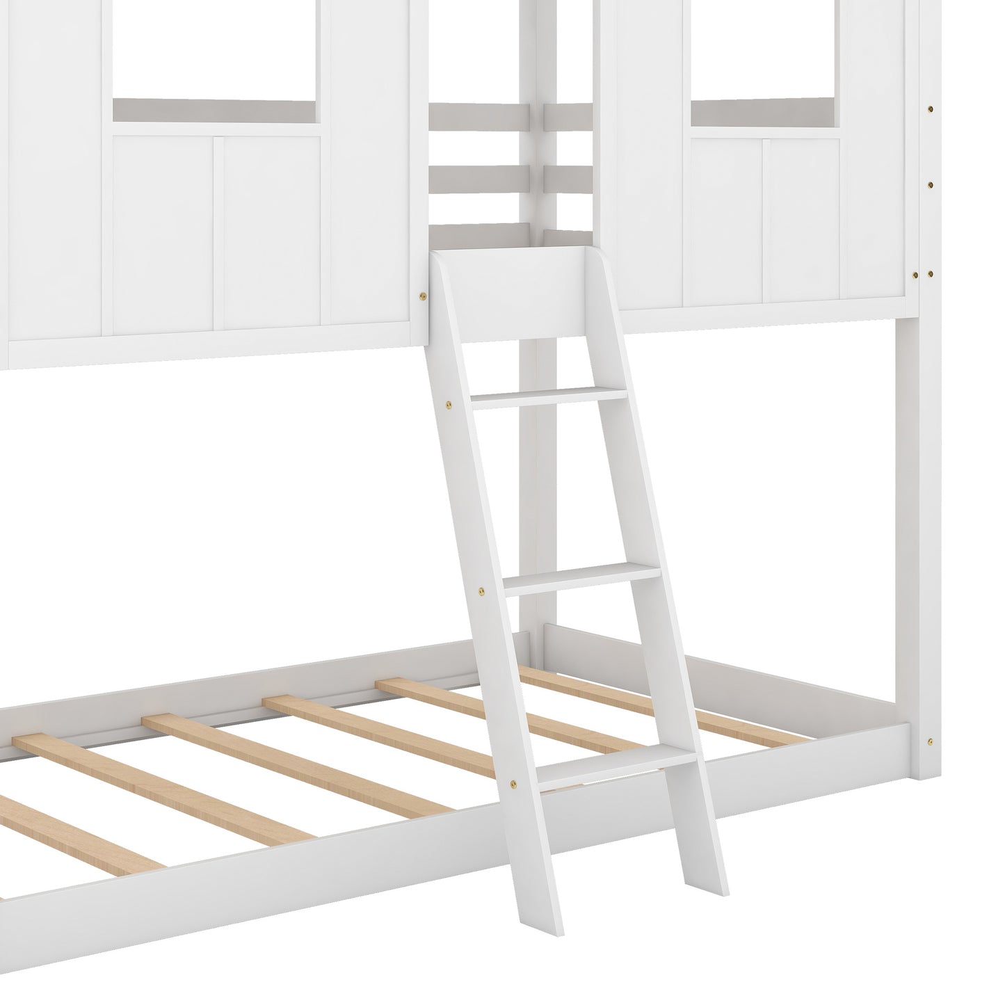 Twin over Twin Size Low Bunk Beds with Roof and Fence-shaped Guardrail, White