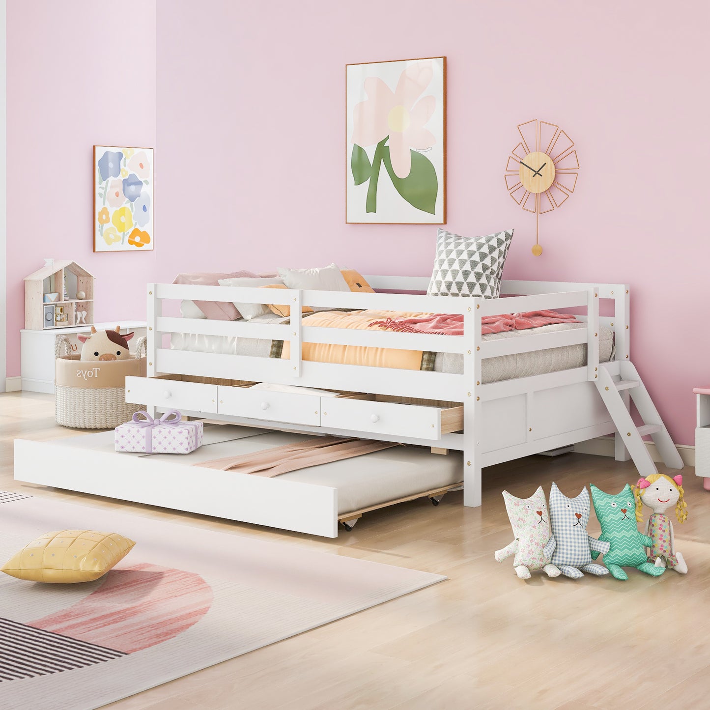 1 Low Loft Bed Full Size with Full Safety Fence;  Climbing ladder;  Storage Drawers and Trundle  Solid Wood Bed