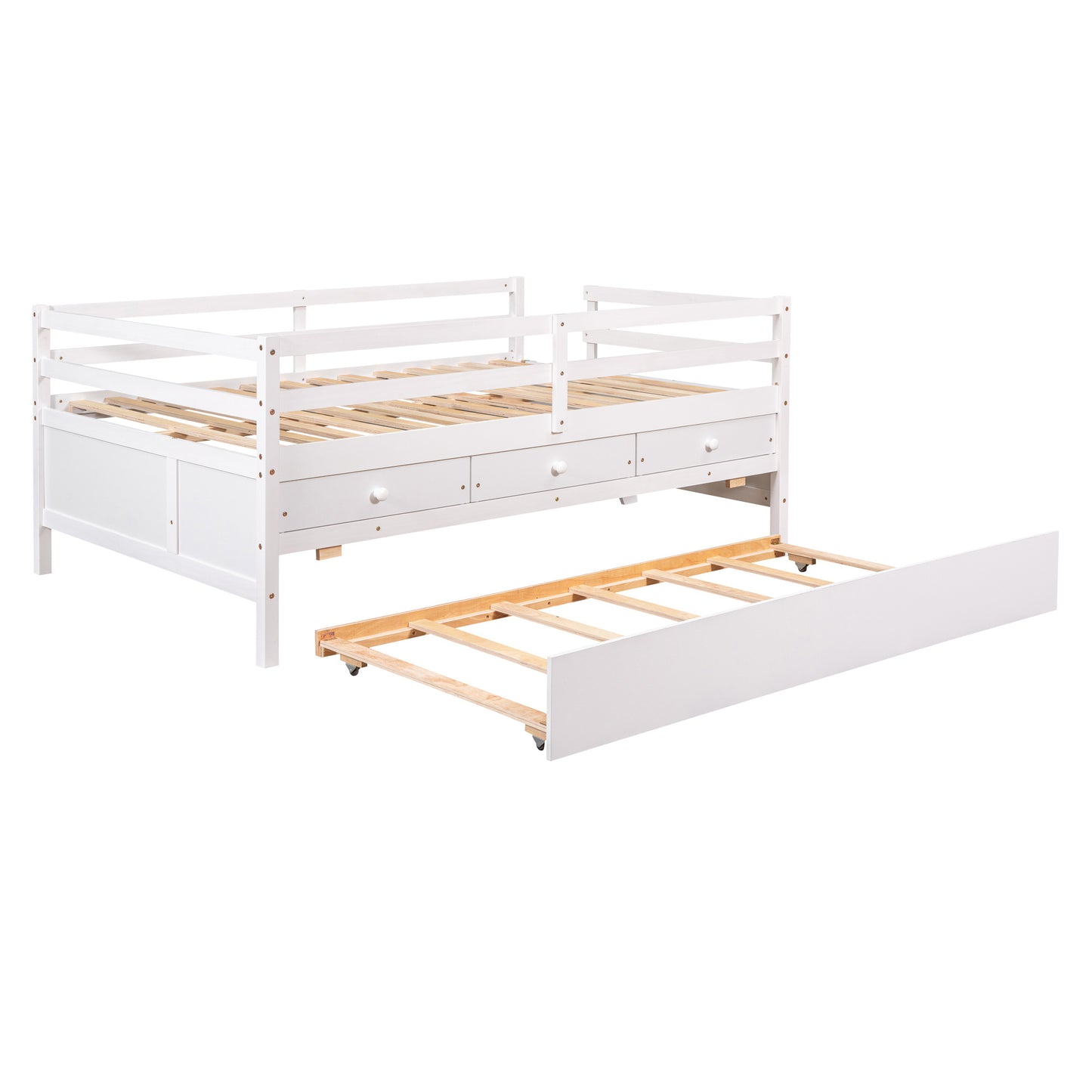 1 Low Loft Bed Full Size with Full Safety Fence;  Climbing ladder;  Storage Drawers and Trundle  Solid Wood Bed