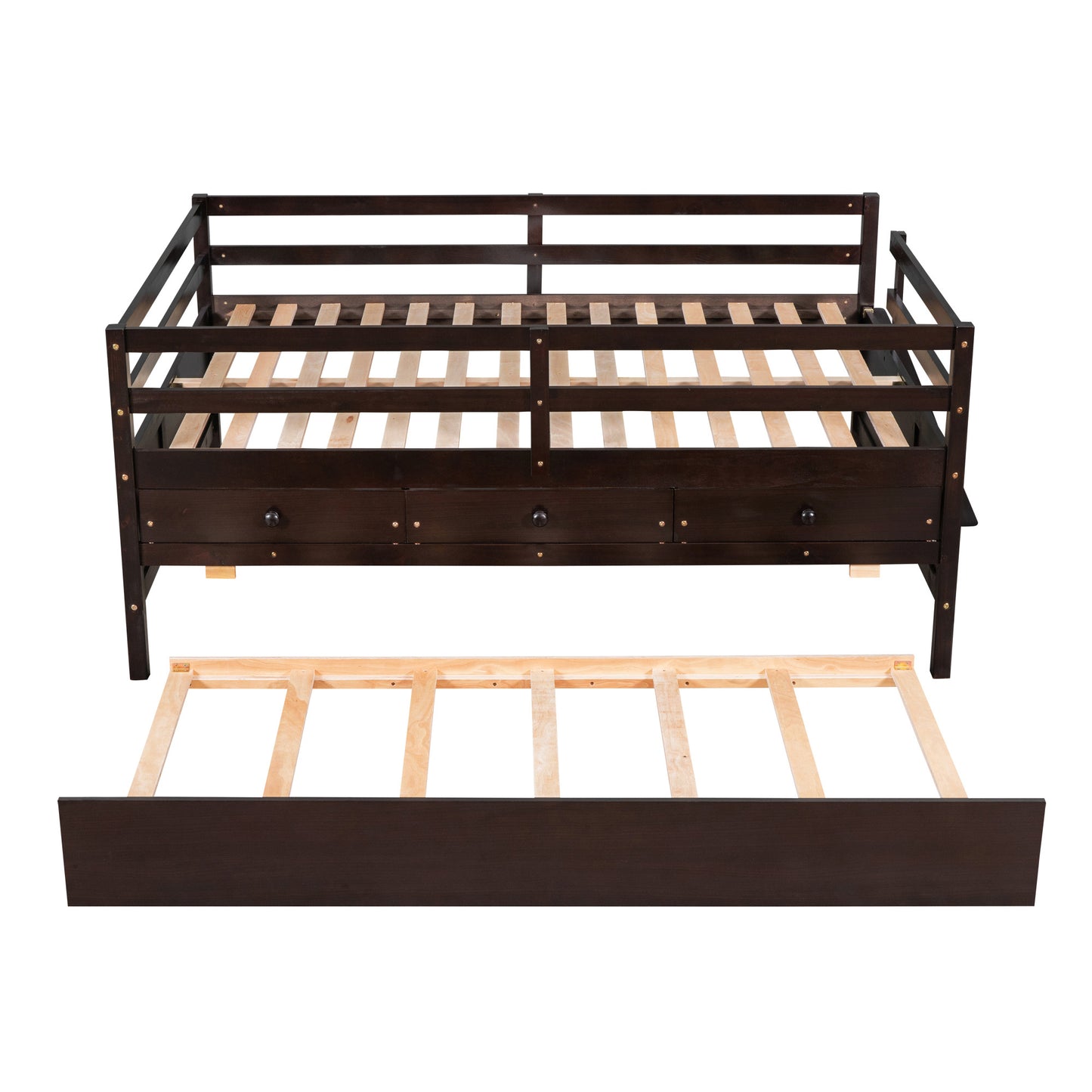 1 Low Loft Bed Full Size with Full Safety Fence;  Climbing ladder;  Storage Drawers and Trundle  Solid Wood Bed