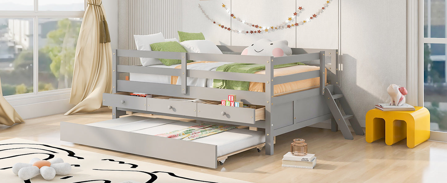 1 Low Loft Bed Full Size with Full Safety Fence;  Climbing ladder;  Storage Drawers and Trundle  Solid Wood Bed