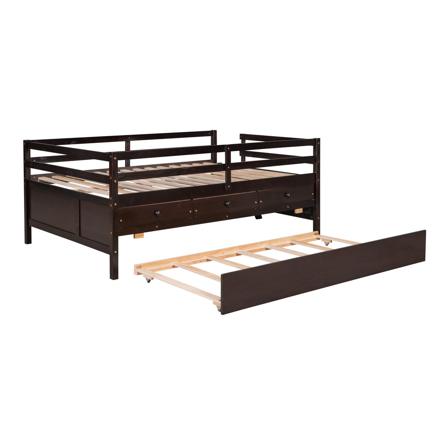 1 Low Loft Bed Full Size with Full Safety Fence;  Climbing ladder;  Storage Drawers and Trundle  Solid Wood Bed