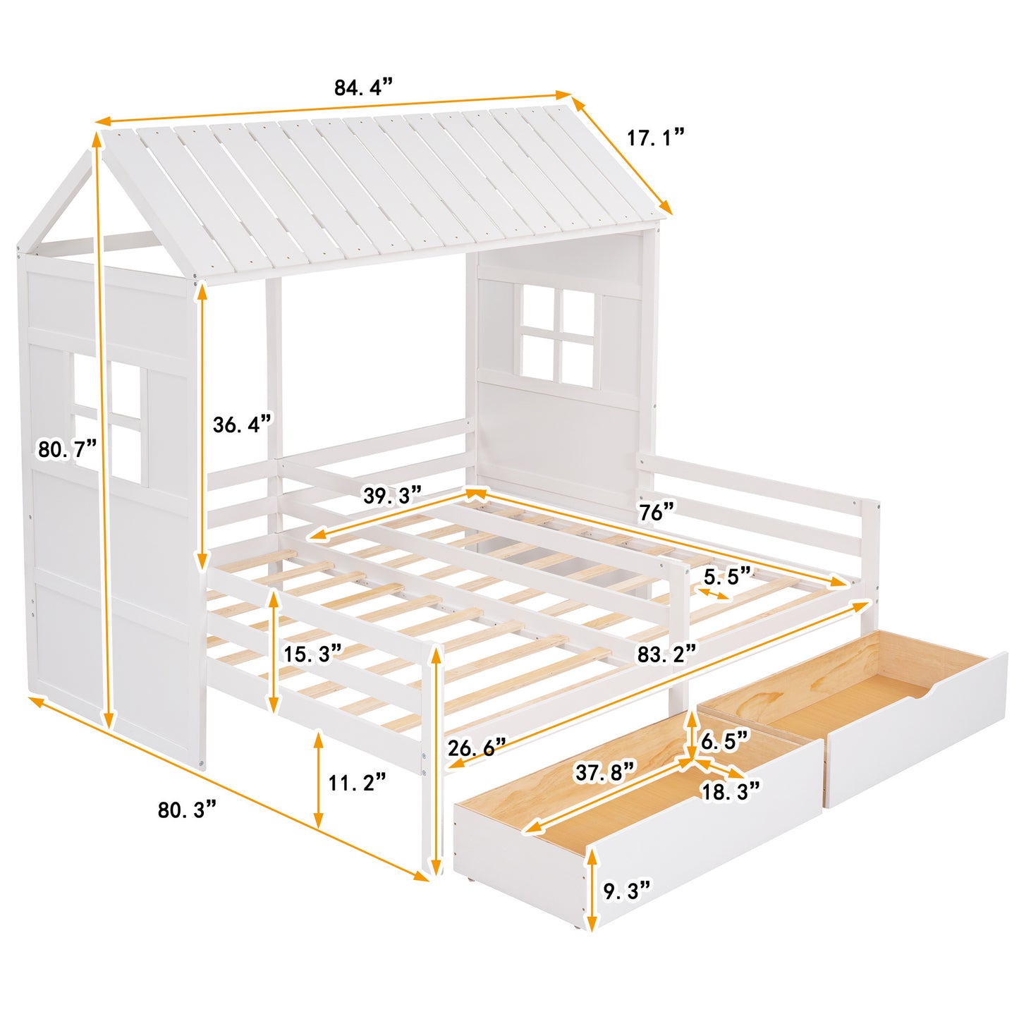 1 Twin Twin House Bed with 2 Drawers, White