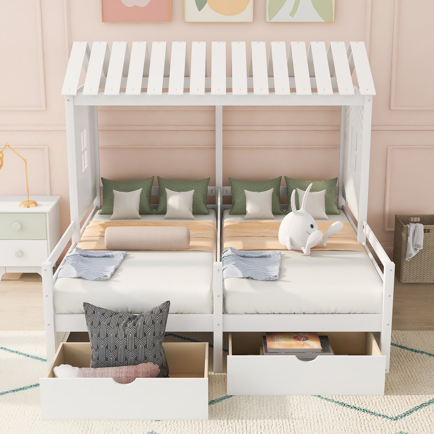 1 Twin Size House Platform Beds with Two Drawers for Boy and Girl Shared Beds, Combination of 2 Side by Side Twin Size Beds