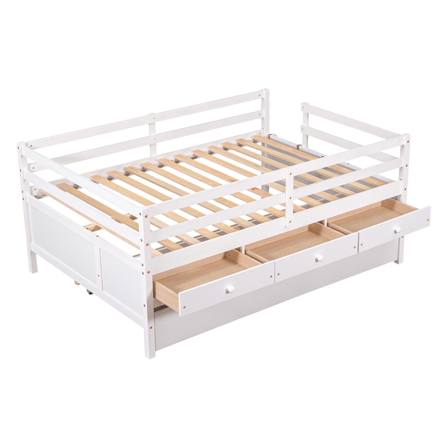 1 Low Loft Bed Full Size with Full Safety Fence;  Climbing ladder;  Storage Drawers and Trundle  Solid Wood Bed