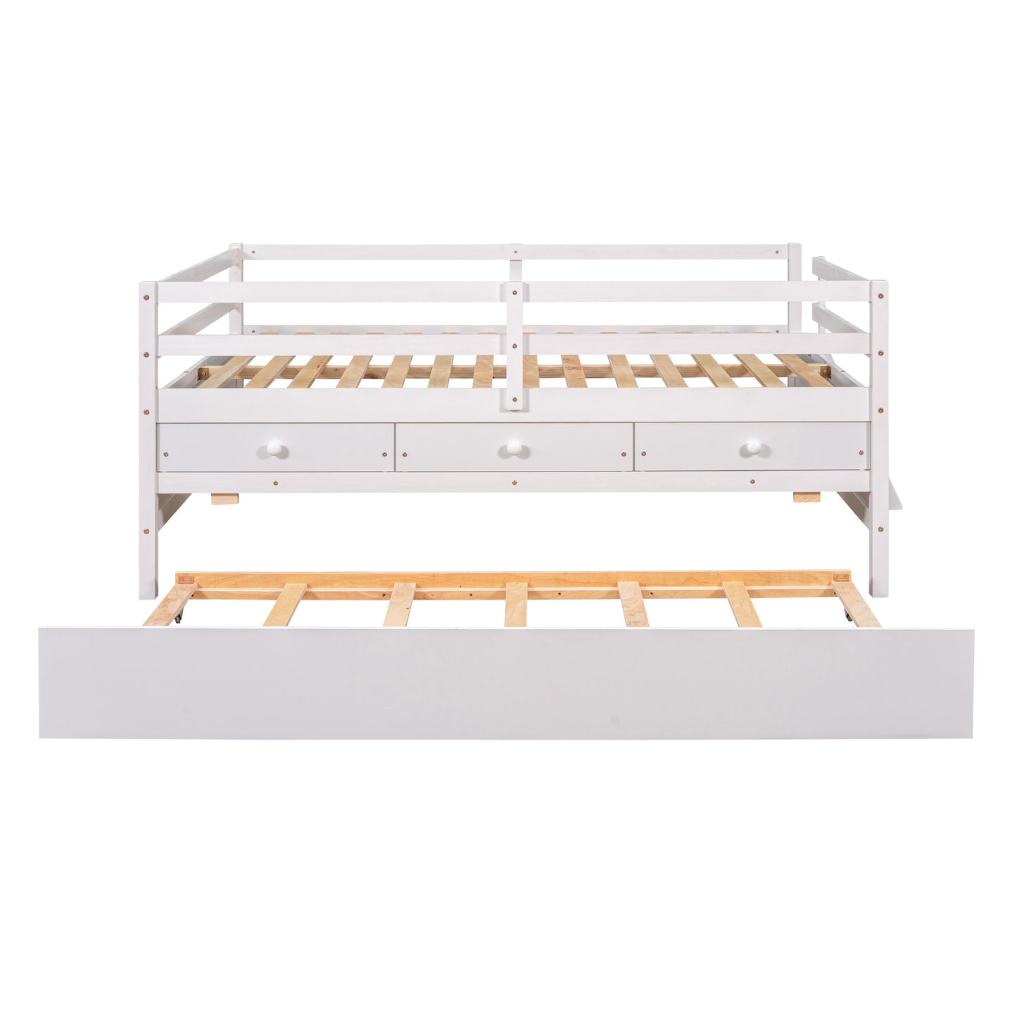 1 Low Loft Bed Full Size with Full Safety Fence;  Climbing ladder;  Storage Drawers and Trundle  Solid Wood Bed