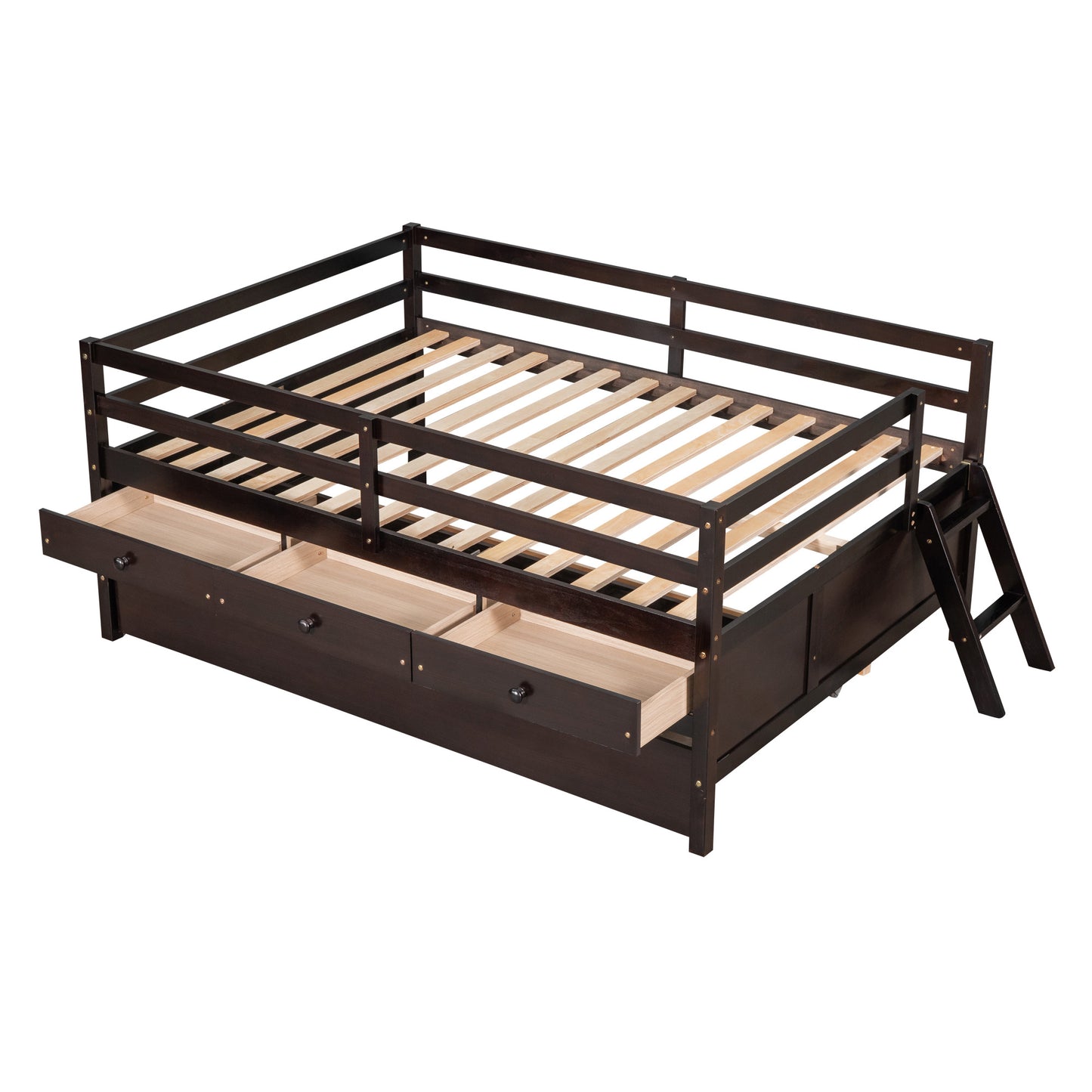 1 Low Loft Bed Full Size with Full Safety Fence;  Climbing ladder;  Storage Drawers and Trundle  Solid Wood Bed