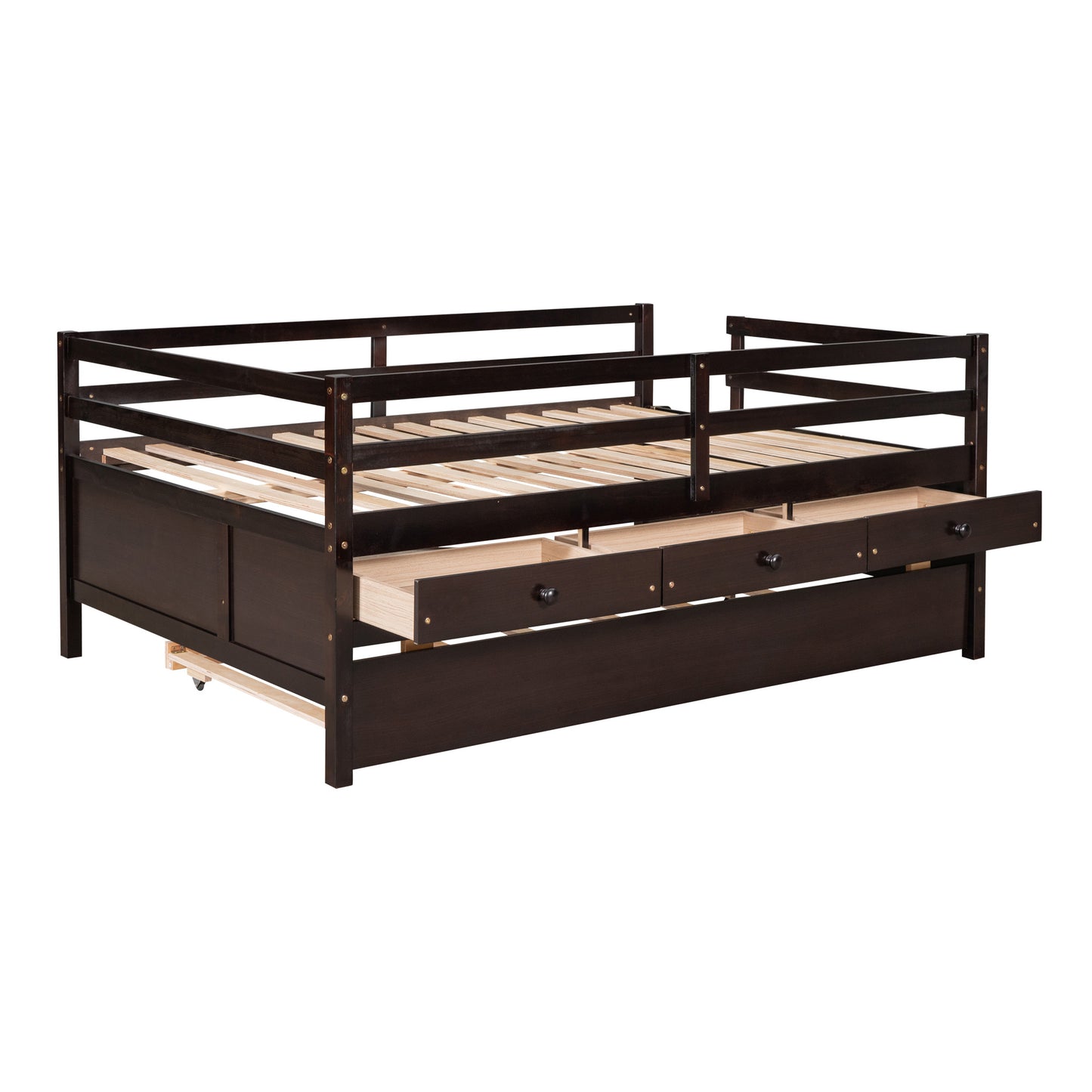 1 Low Loft Bed Full Size with Full Safety Fence;  Climbing ladder;  Storage Drawers and Trundle  Solid Wood Bed