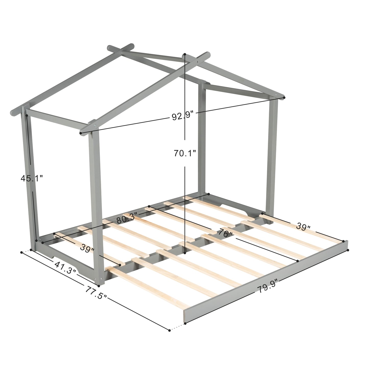 1 Twin XL/King Size House Platform Bed with Trundle,Roof Design