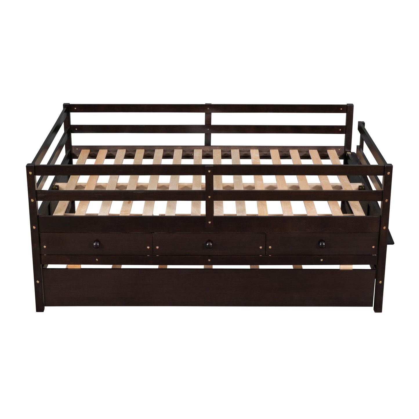 1 Low Loft Bed Full Size with Full Safety Fence;  Climbing ladder;  Storage Drawers and Trundle  Solid Wood Bed